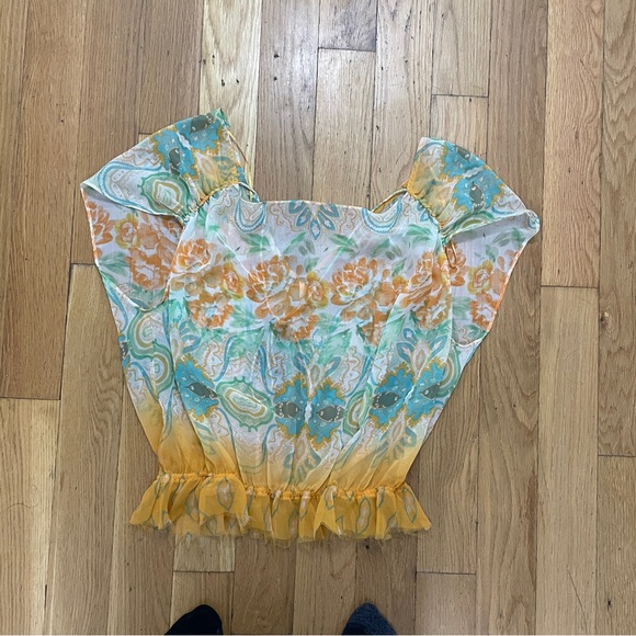 Free People Orange Green Boho Pattern Sheer Tunic Swim Beach Cover Up - Picture 3 of 6